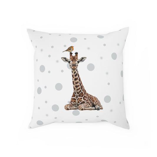 Rotkehlchen mit Giraffe Vogel Tiermotiv Kissen – Dekokissen mit Vogelmotiv Weiß mit grauen Punkten