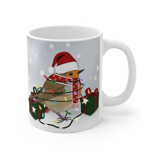 Rotkehlchen mit Lichterkette im Winter Weihnachten Schnee Vogel Tasse