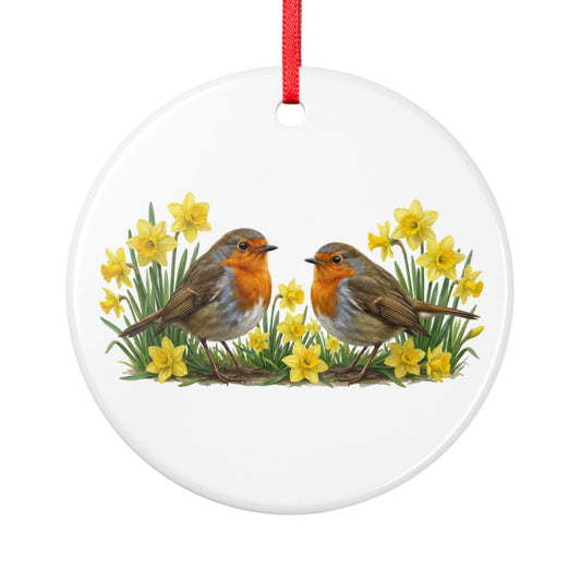 Rundes Keramikornament in weiß mit zwei Rotkehlchen und Osterglocken.