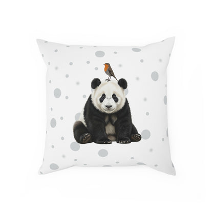 Rotkehlchen mit Panda Vogel Tiermotiv Kissen – Dekokissen mit Vogelmotiv Weiß mit grauen Punkten
