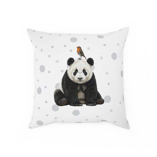Rotkehlchen mit Panda Vogel Tiermotiv Kissen – Dekokissen mit Vogelmotiv Weiß mit grauen Punkten
