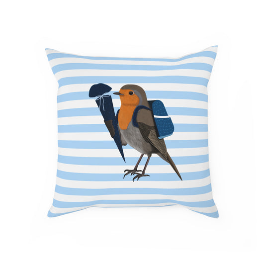 Rotkehlchen mit Schultüte Vogel Kissen – Dekokissen mit Vogelmotiv zur Einschulung Blau