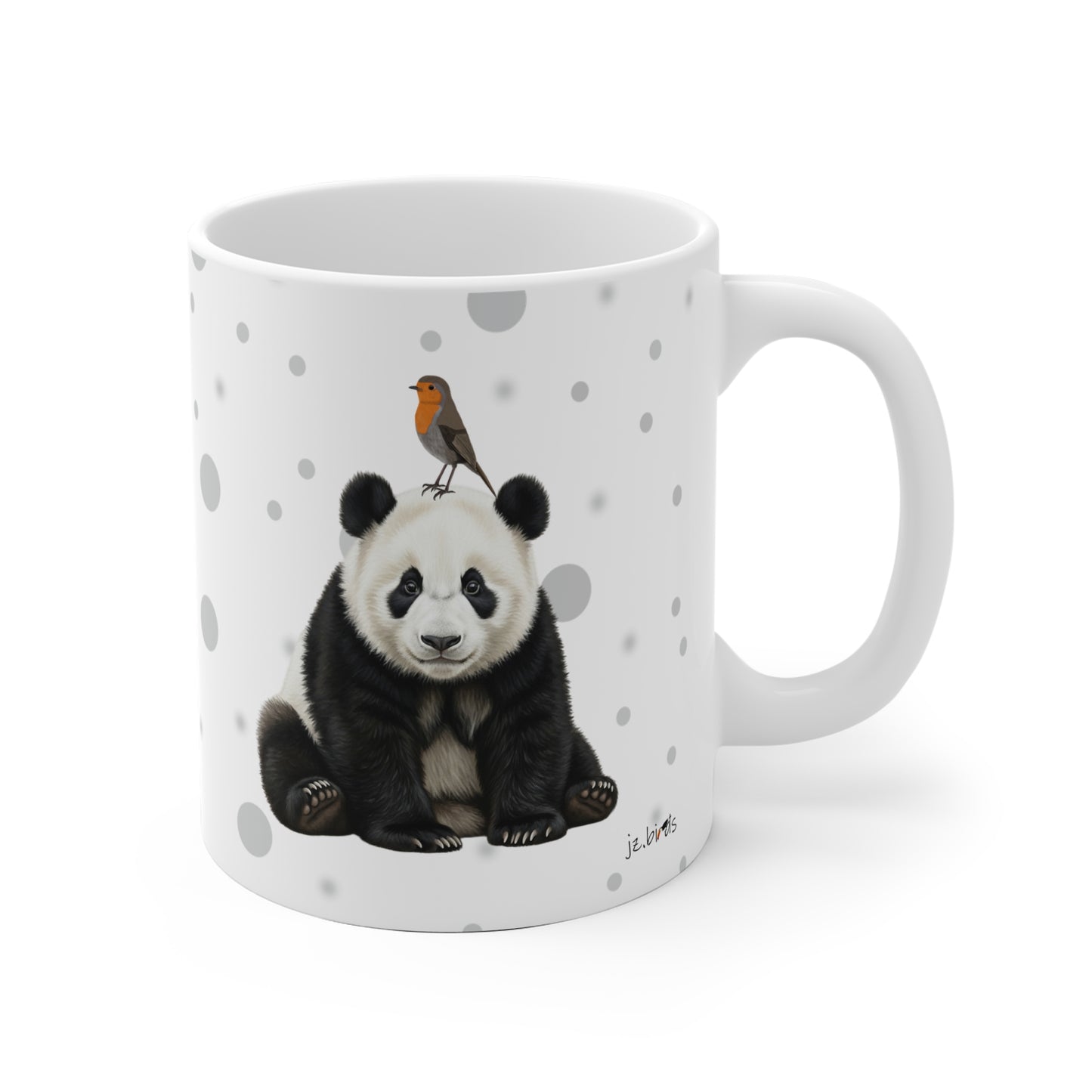 Rotkehlchen mit einem Panda Vogel Tiermotiv Tasse Punkte Grau