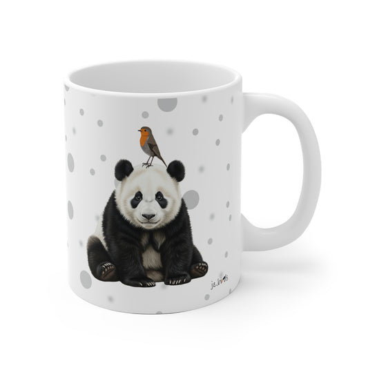 Rotkehlchen mit einem Panda Vogel Tiermotiv Tasse Punkte Grau