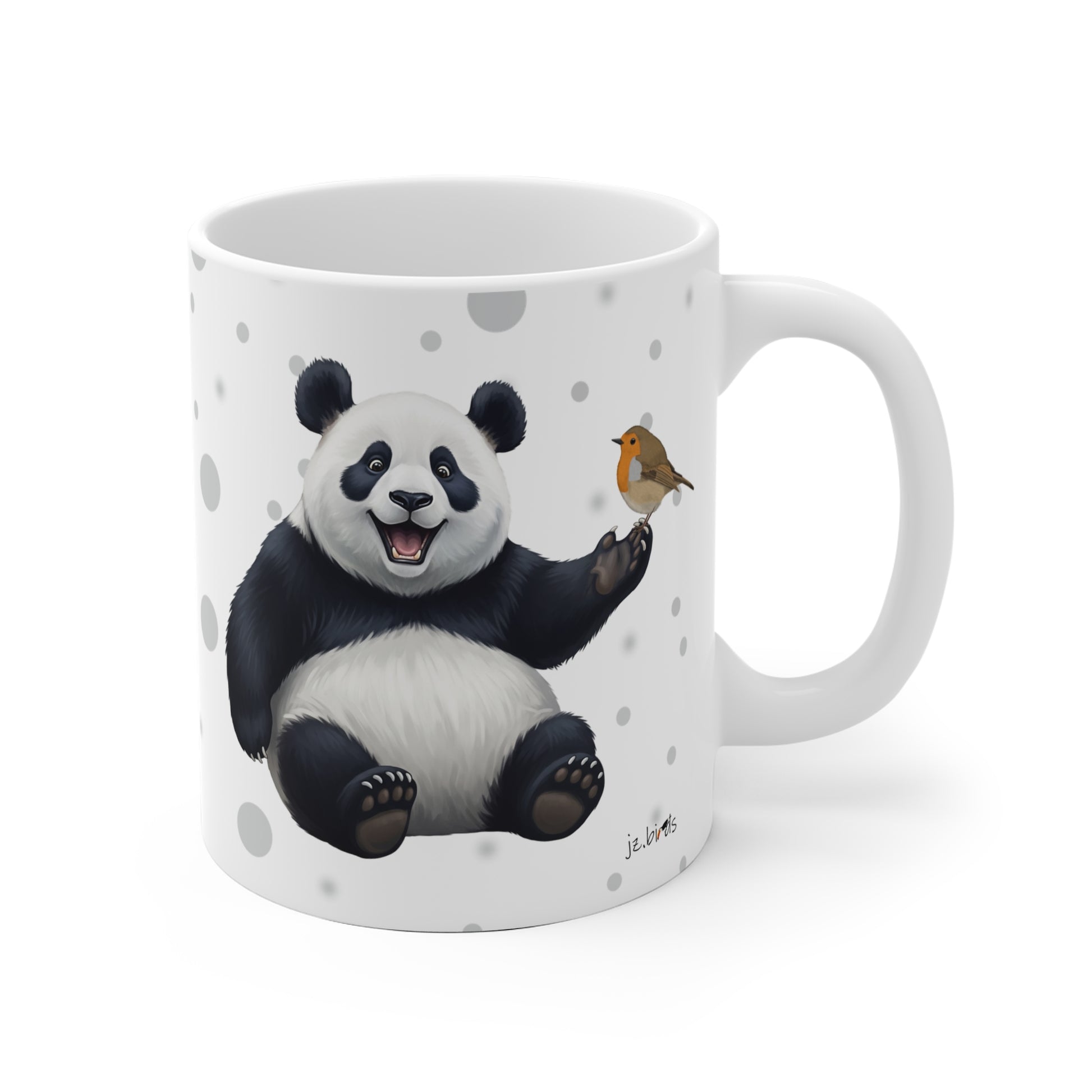 Rotkehlchen mit einem fröhlichen Panda Vogel Tiermotiv Tasse Punkte Grau