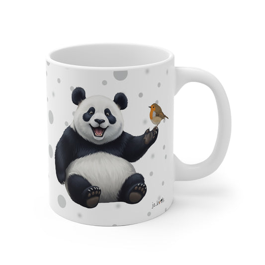 Rotkehlchen mit einem fröhlichen Panda Vogel Tiermotiv Tasse Punkte Grau