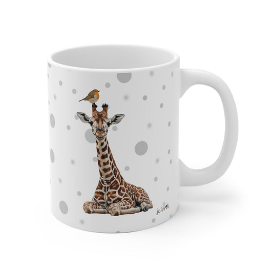 Rotkehlchen mit einer Baby Giraffe Vogel Tiermotiv Tasse Punkte Grau
