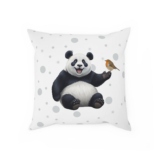 Rotkehlchen mit Panda Vogel Tiermotiv Kissen – Dekokissen mit Vogelmotiv Weiß mit grauen Punkten