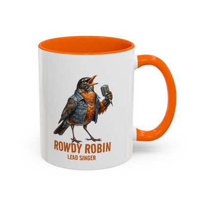 Mug with a robin illustration and 'Rowdy Robin Lead Singer' text on a white background