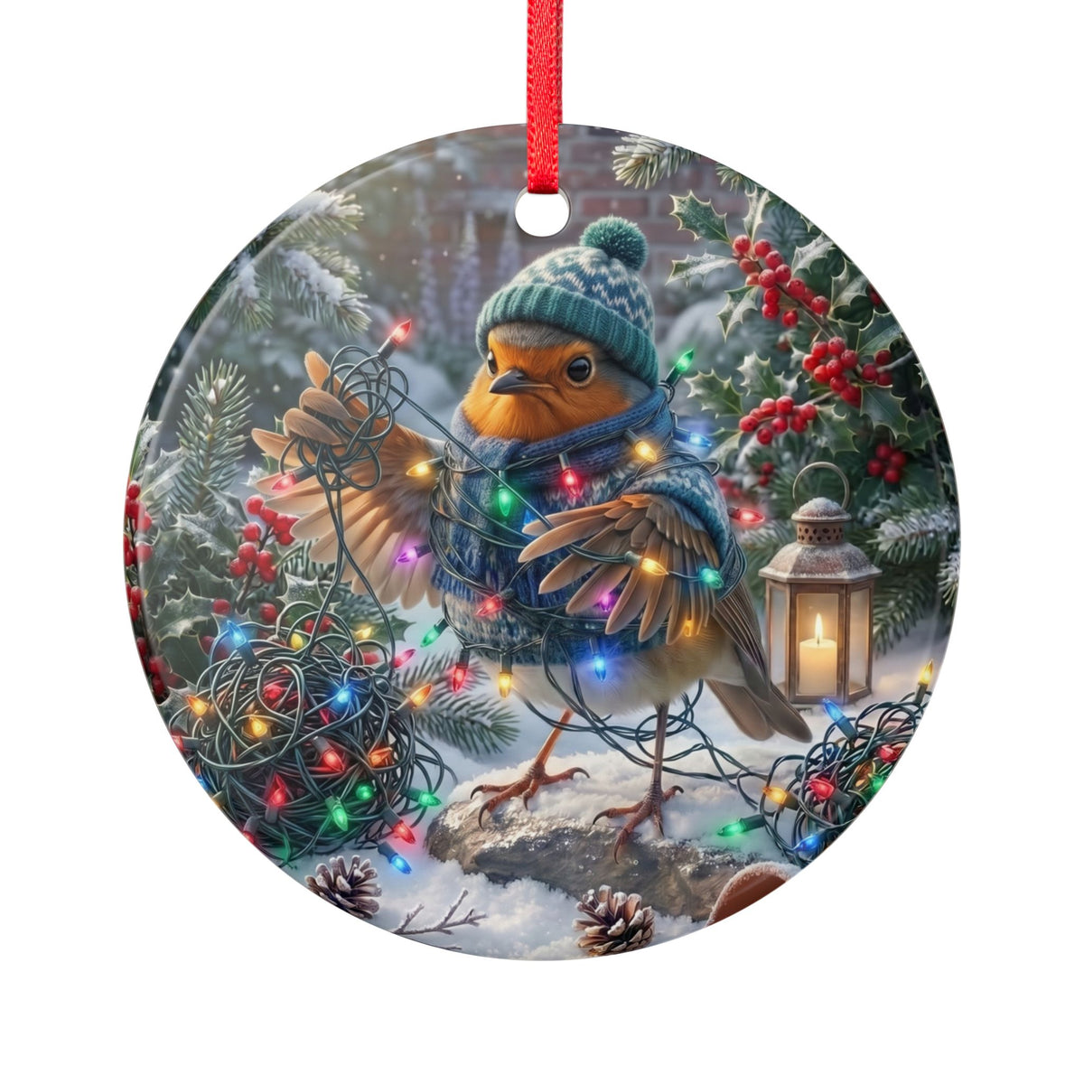 Rundes Keramik-Ornament (7,5x7,5 cm) mit glänzendem Finish und rotem Band zum Aufhängen. Das beidseitige Motiv zeigt das Rotkehlchen Rosi mit Wintermütze und Schal, das sich lustig in einer leuchtenden Lichterkette verheddert hat. Ein humorvoller Christbaumschmuck für Vogelfreunde und Biologen.