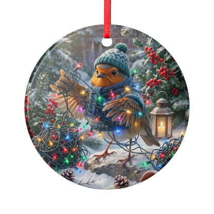 Rundes Keramik-Ornament (7,5x7,5 cm) mit glänzendem Finish und rotem Band zum Aufhängen. Das beidseitige Motiv zeigt das Rotkehlchen Rosi mit Wintermütze und Schal, das sich lustig in einer leuchtenden Lichterkette verheddert hat. Ein humorvoller Christbaumschmuck für Vogelfreunde und Biologen.