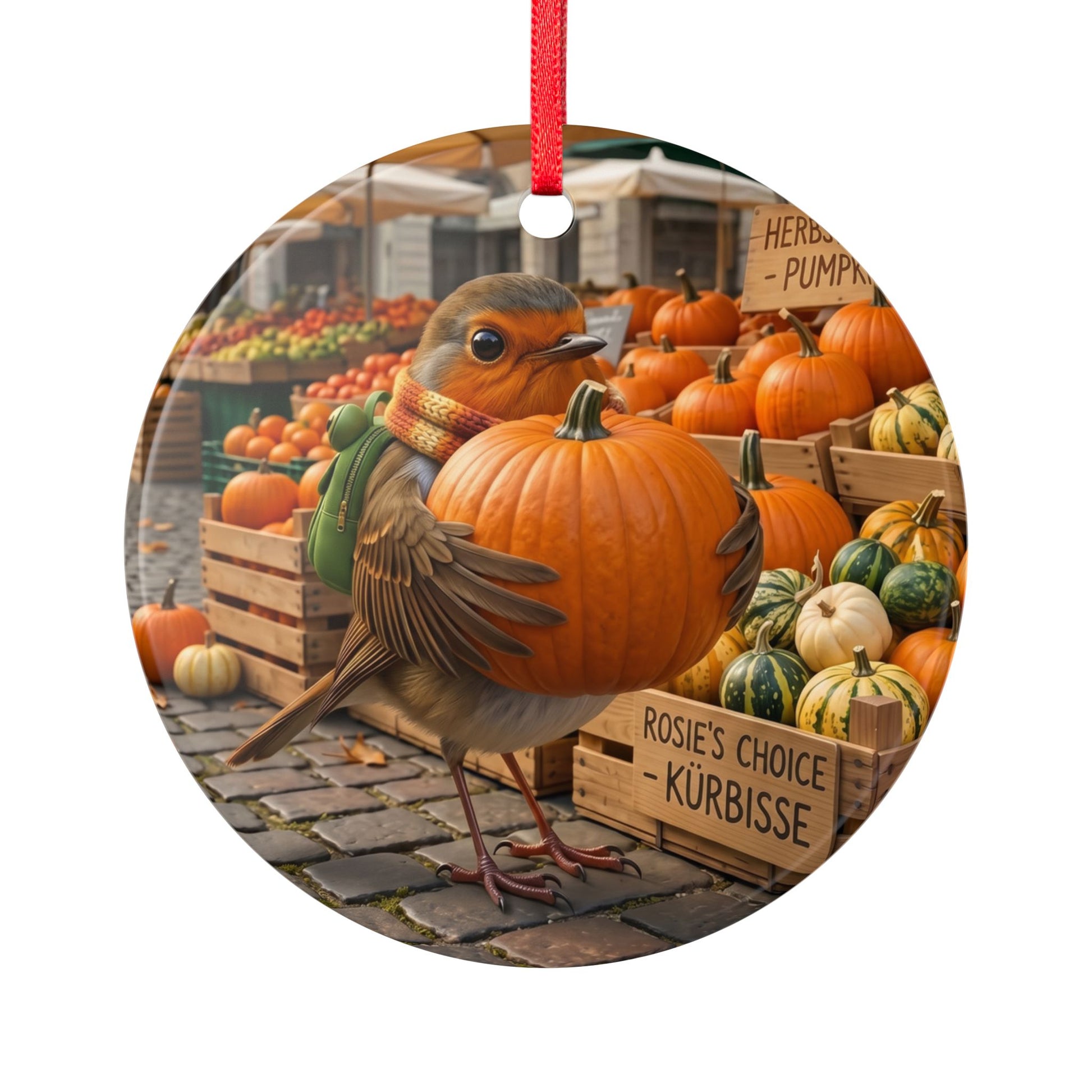 Rundes Keramik-Ornament (7,5x7,5 cm) mit glänzendem Finish und rotem Band zum Aufhängen. Das beidseitige Motiv zeigt das kleine Rotkehlchen Rosi, das auf einem Marktplatz stolz einen riesigen orangenen Kürbis hält. Eine gemütliche Herbst-Deko für Vogelfreunde und Biologen.