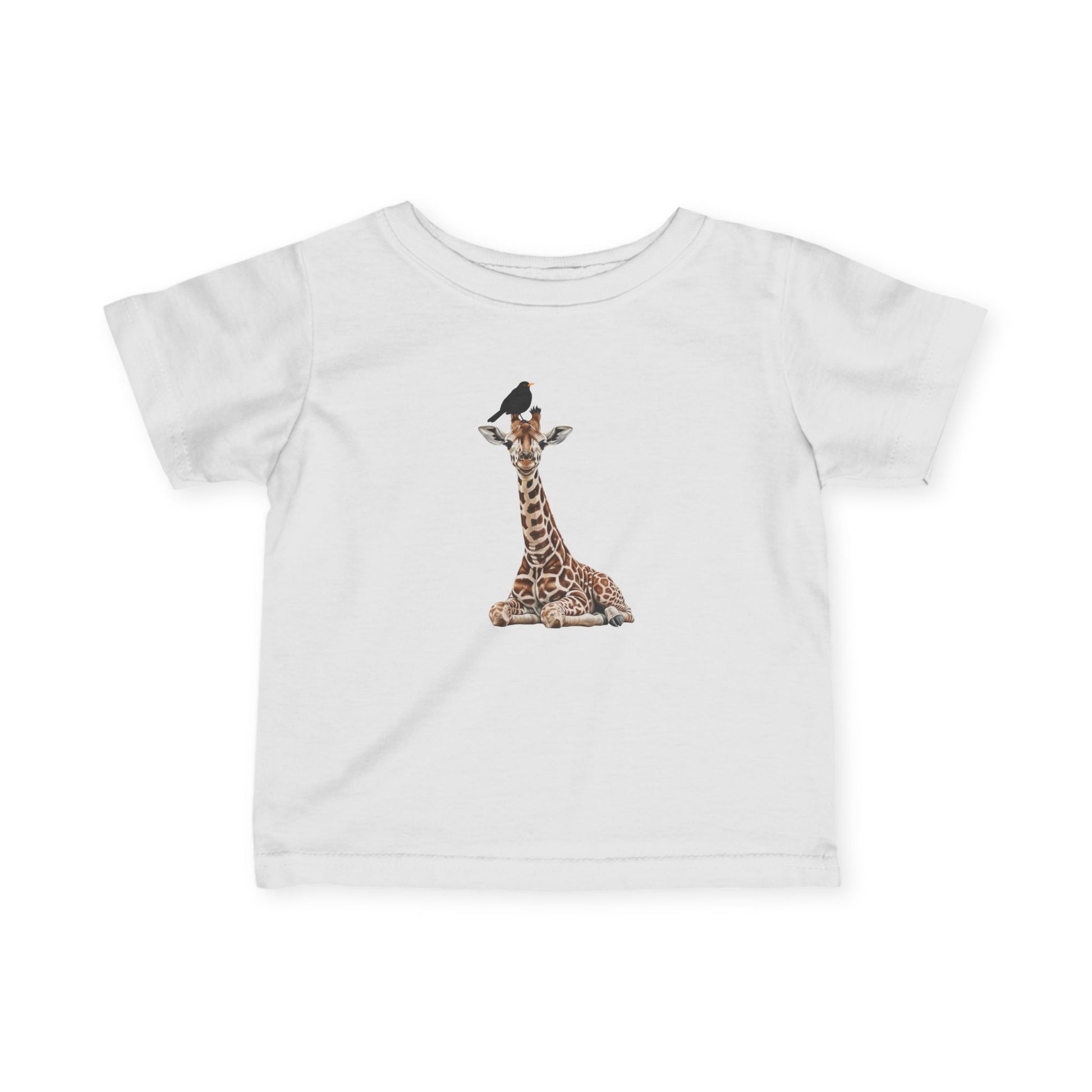 Süße Baby Giraffe mit Amsel Vogel Tiermotiv T-Shirt für Babys und Kleinkinder