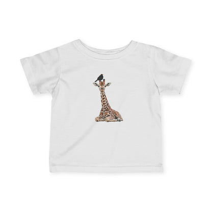 Süße Baby Giraffe mit Amsel Vogel Tiermotiv T-Shirt für Babys und Kleinkinder