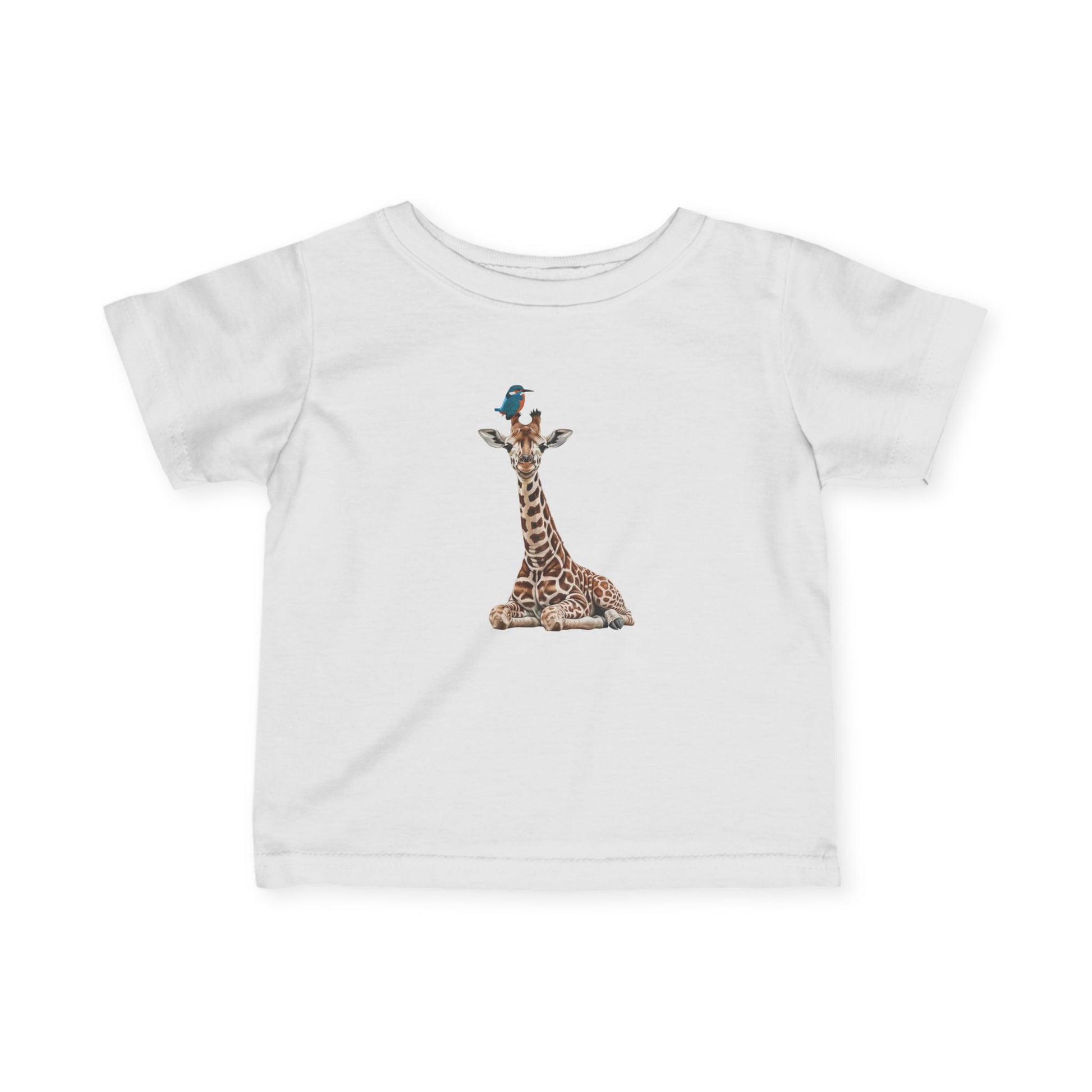 Süße Baby Giraffe mit Eisvogel Vogel Tiermotiv T-Shirt für Babys und Kleinkinder