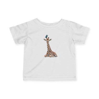 Süße Baby Giraffe mit Eisvogel Vogel Tiermotiv T-Shirt für Babys und Kleinkinder