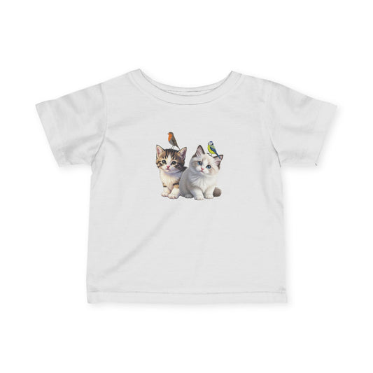 Süße Kätzchen Tiermotiv Baby T-Shirt mit Rotkehlchen und Blaumeise