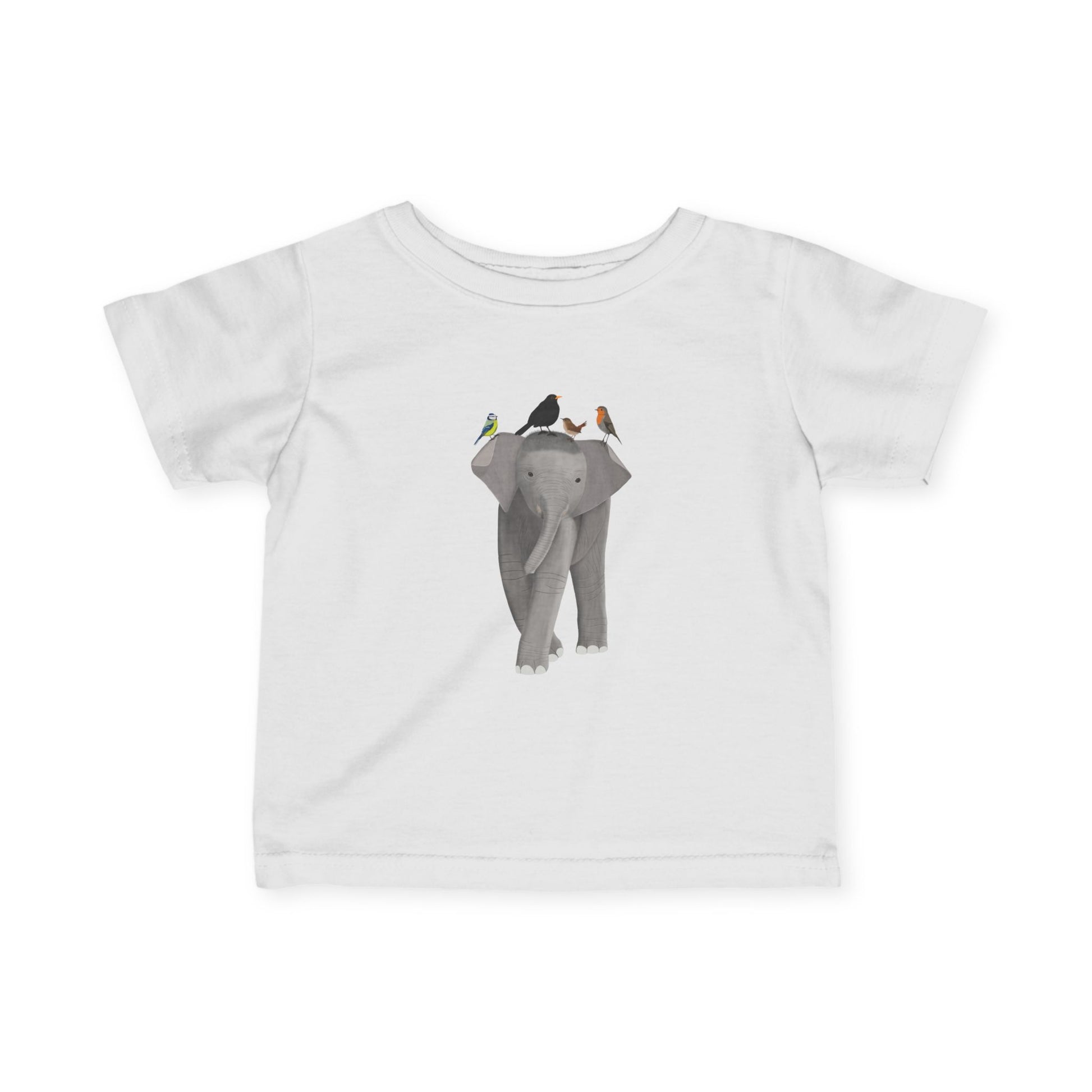 Süßes Elefant mit Amsel Blaumeise Rotkehlchen Zaunkönig Vogel Tiermotiv T-Shirt für Babys und Kleinkinder