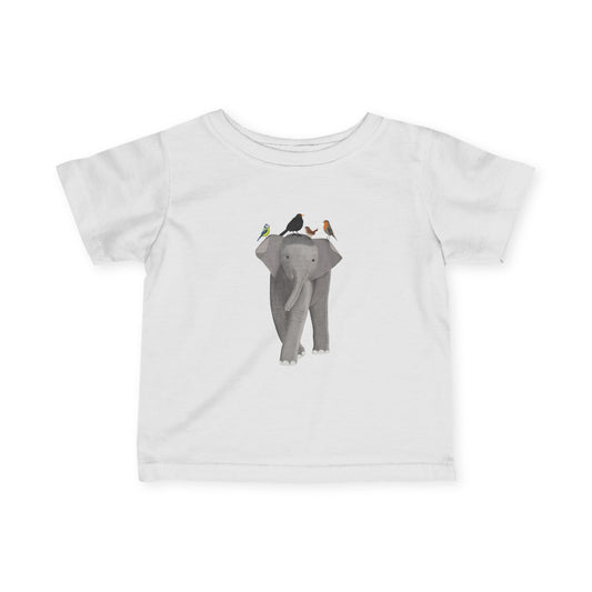 Süßes Elefant mit Amsel Blaumeise Rotkehlchen Zaunkönig Vogel Tiermotiv T-Shirt für Babys und Kleinkinder