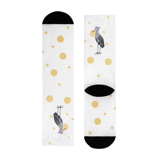 Schuhschnabel Vogel Socken mit Goldenen Punkten für Vogelfreunde & Vogelbeobachter Weiß