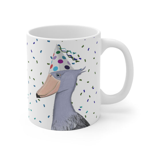 Schuhschnabel feiert Geburtstag mit Partyhut und Konfetti Vogel Tasse
