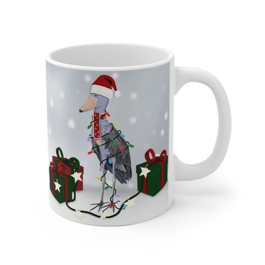 Schuhschnabel mit Lichterkette im Winter Weihnachten Schnee Vogel Tasse