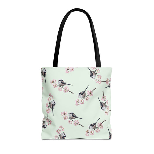 Schwanzmeise & Kirschblüten Tragetasche in Salbeigrün | Stofftasche & Geschenk für Vogelbeobachter