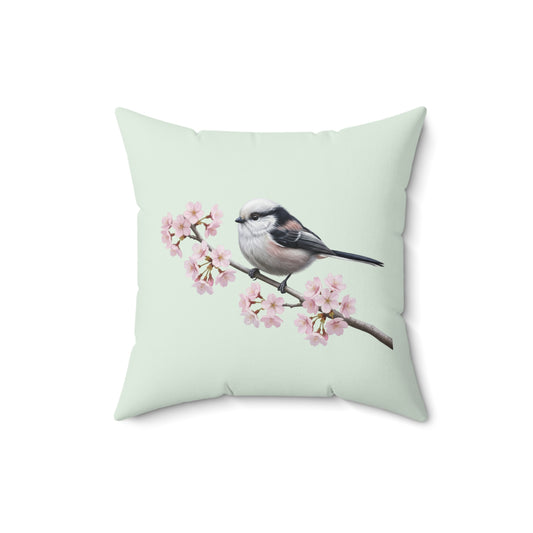 Schwanzmeise Kissen mit Kirschblüten in Salbeigrün | Dekokissen 40x40 mit Vogelmotiv