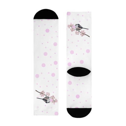 Schwanzmeise Socken mit Kirschblüten | Weiß Rosa gepunktete Vogelmotiv Strümpfe