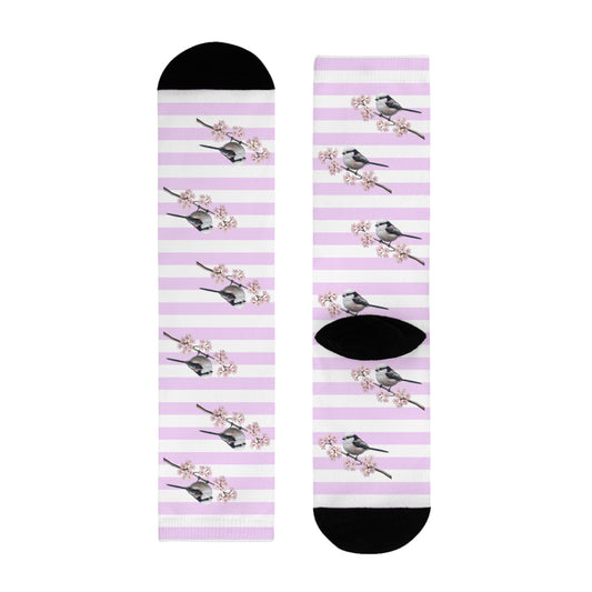 Schwanzmeise Socken mit Kirschblüten | Weiß Rosa gestreifte Vogelmotiv Strümpfe