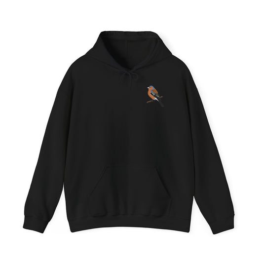 Schwarzer Buchfink Hoodie für Damen und Herren mit kleinem gemaltem Singvogel-Motiv auf der Brust – Kapuzenpullover für Vogelfreunde