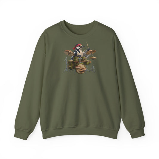specht am schlagzeug aus der vogelband Die Gartenvögel auf einem grünen sweatshirt