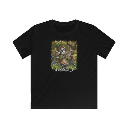 Sigi Specht spielt Schlagzeug unterm Apfelbaum (Vintage-Grunge) – Premium Kinder T-Shirt | Die Gartenvögel