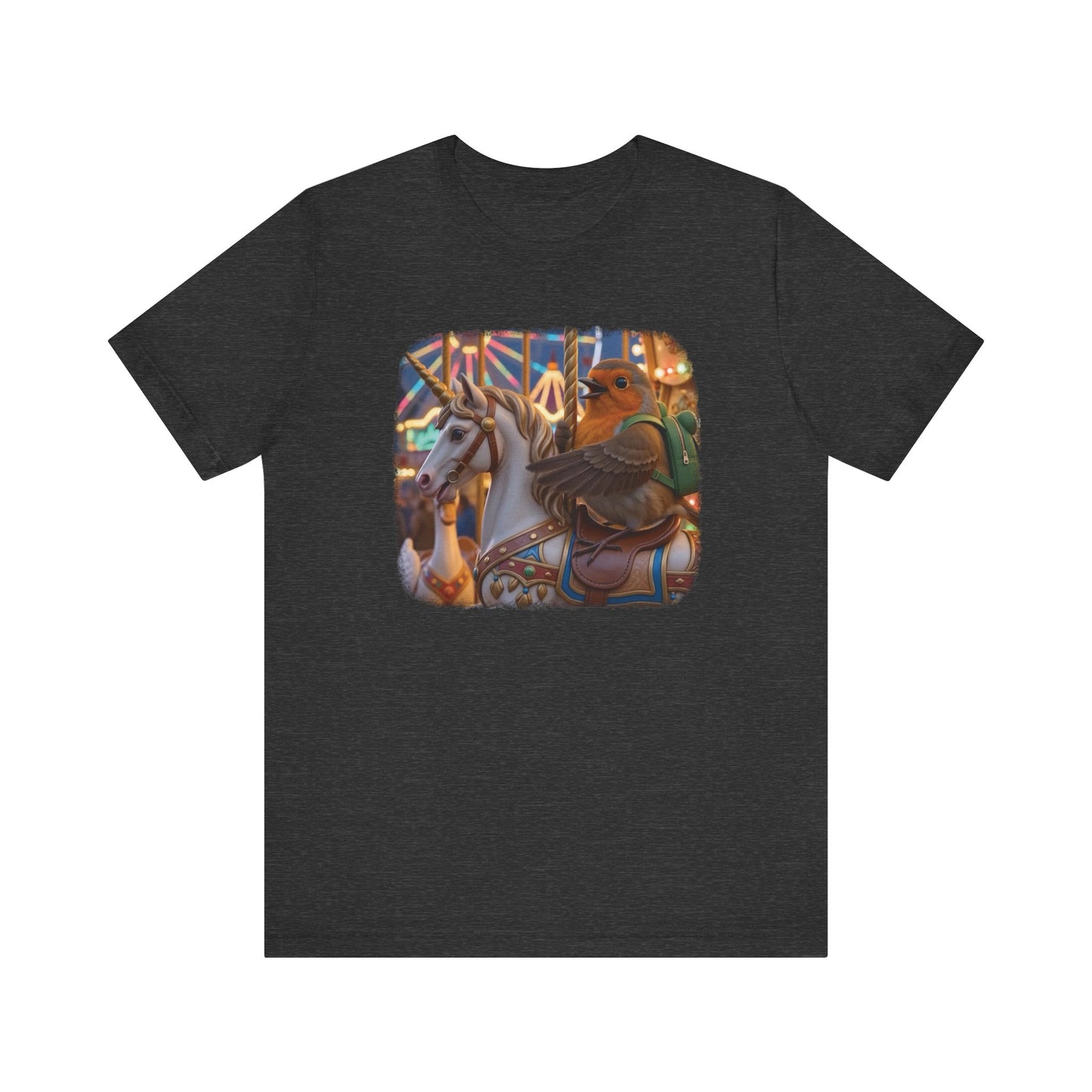 Soft cotton t-shirt featuring a colorful front print. The digital illustration shows the cute bird Robin Rosi smiling and riding a magical unicorn on a carnival carousel. A wonderful gift for a birdwatcher or bird lover.