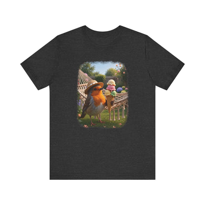 Soft cotton t-shirt featuring a large, colorful front print. The digital illustration shows Robin Rosi wearing a sun hat in a summer garden, holding a giant ice cream cone. A great gift for a birdwatcher or bird lover.