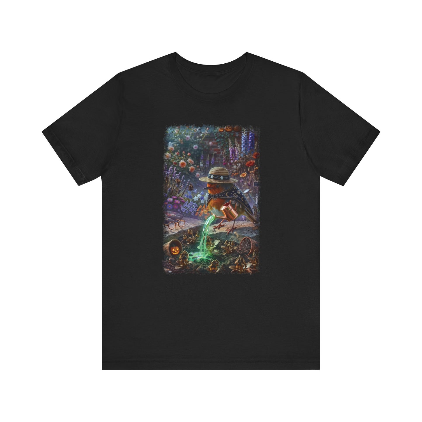Soft premium Bella Canvas 3001 T-shirt featuring a digitally painted illustration of a cute bird named Robin Rosi pouring a glowing green magic potion from a watering can onto dried flowers.