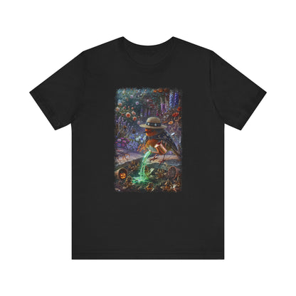 Soft premium Bella Canvas 3001 T-shirt featuring a digitally painted illustration of a cute bird named Robin Rosi pouring a glowing green magic potion from a watering can onto dried flowers.