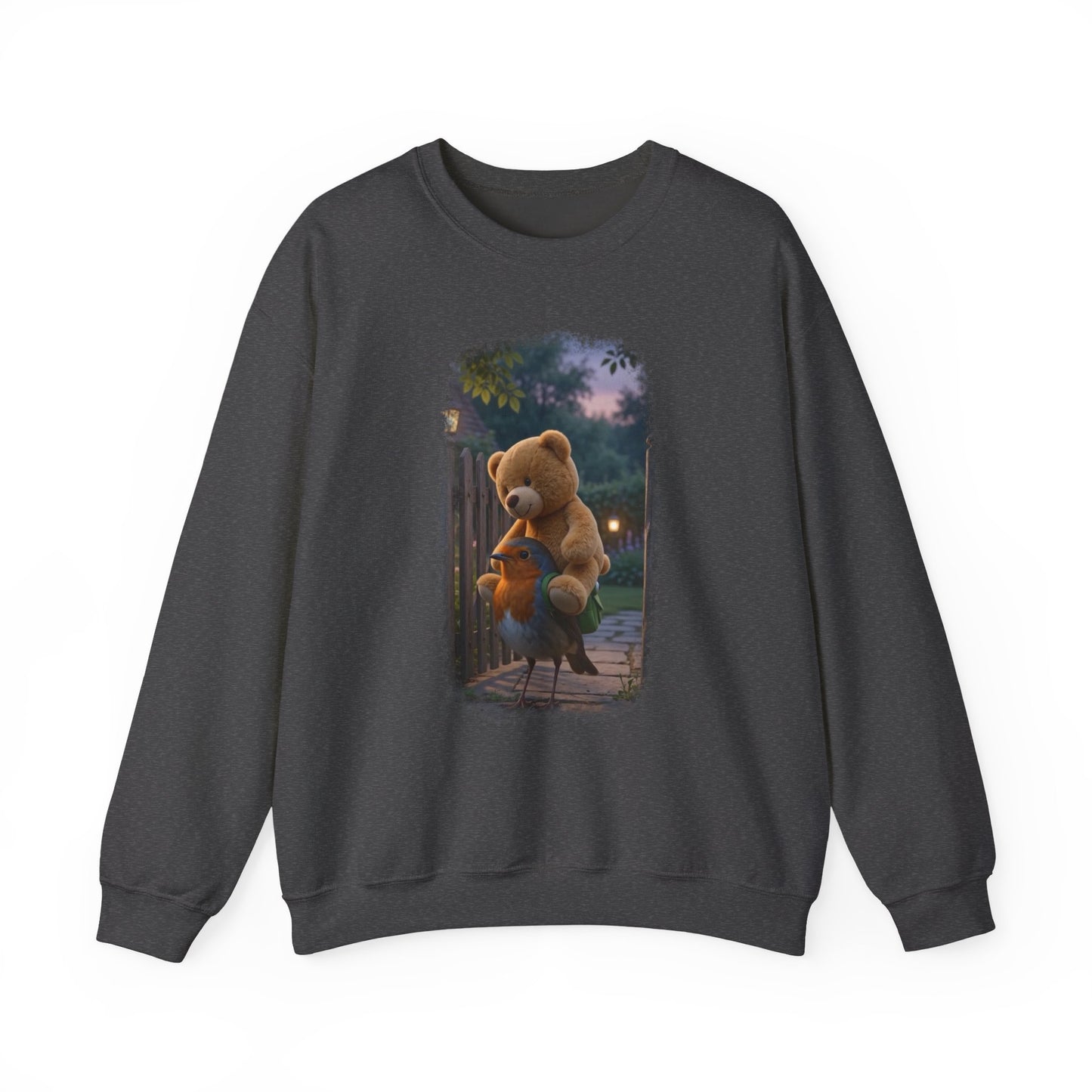 Soft unisex crewneck sweatshirt featuring a colorful front print. The digital illustration shows the cute bird Robin Rosi carrying a giant stuffed teddy bear on her back. A great gift for a birdwatcher or bird lover.