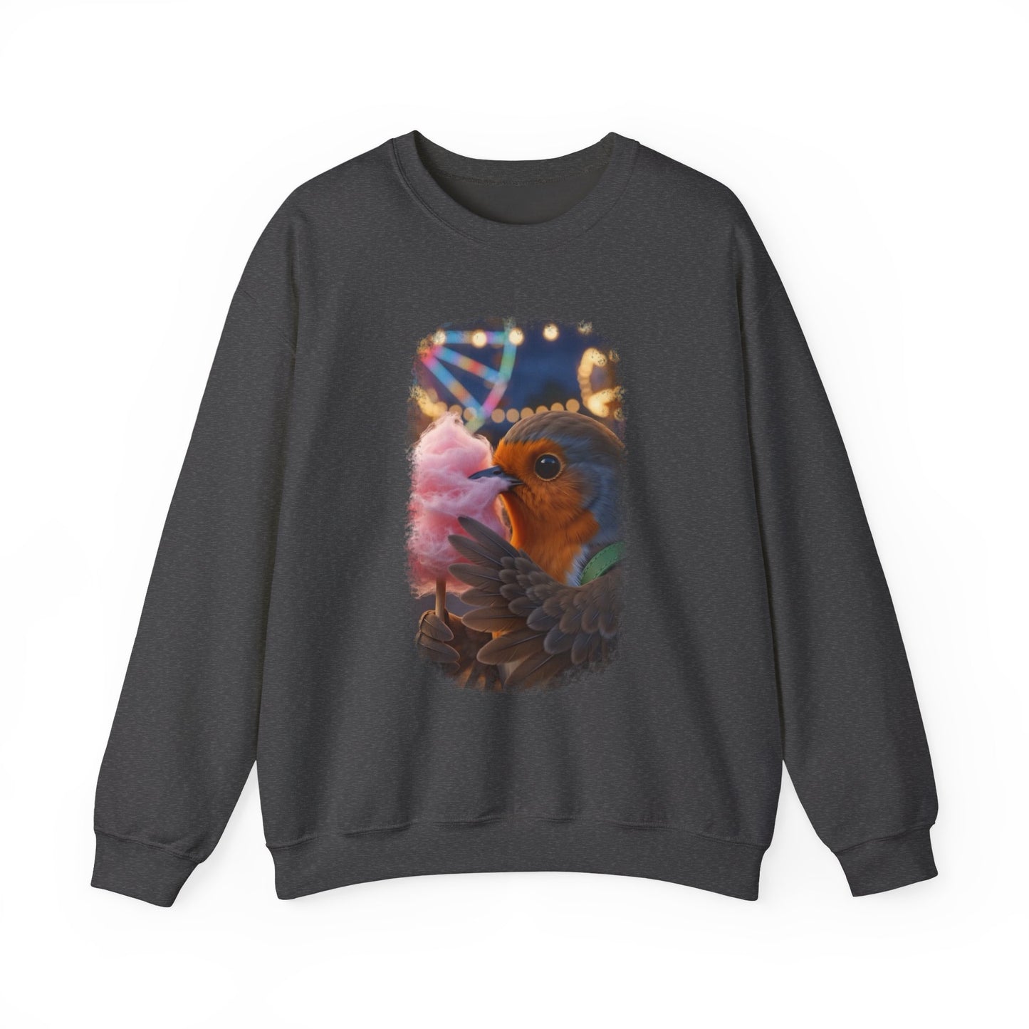 Soft unisex crewneck sweatshirt featuring a colorful front print. The digital illustration shows the cute bird Robin Rosi happily eating a giant pink cotton candy at the carnival. A great gift for a birdwatcher or bird lover.