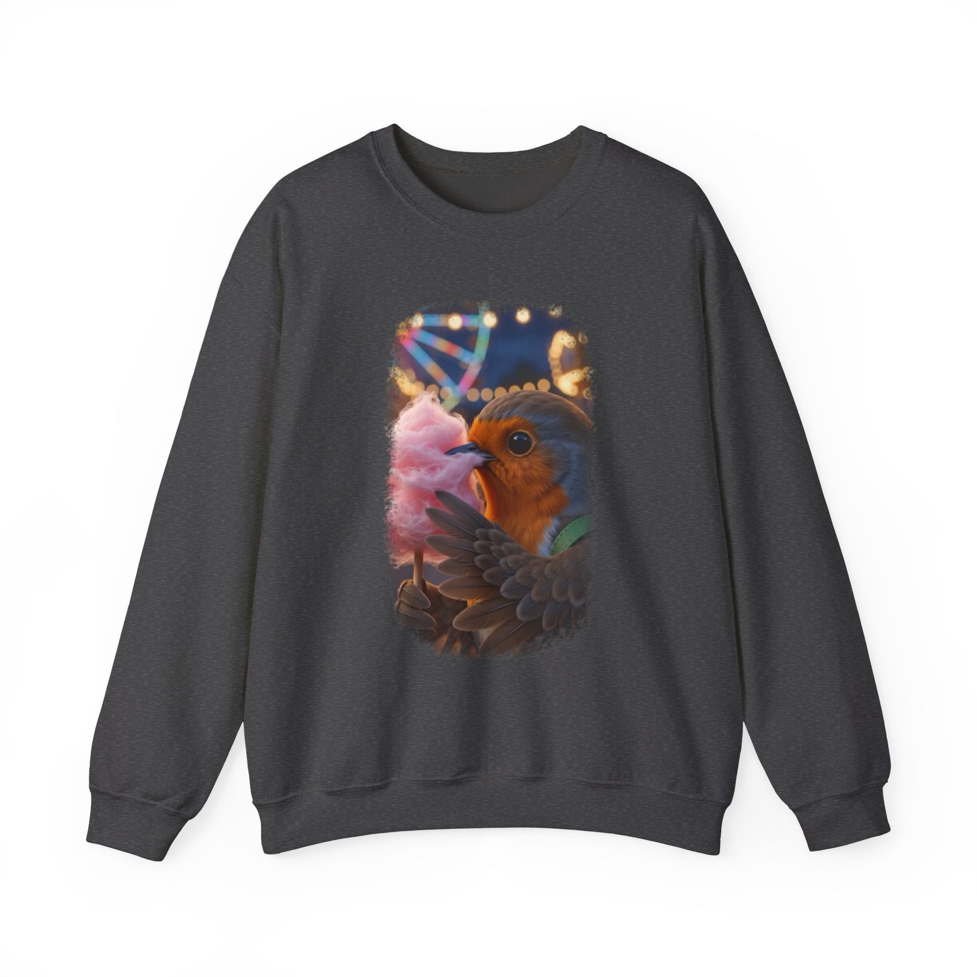Soft unisex crewneck sweatshirt featuring a colorful front print. The digital illustration shows the cute bird Robin Rosi happily eating a giant pink cotton candy at the carnival. A great gift for a birdwatcher or bird lover.