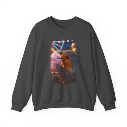Soft unisex crewneck sweatshirt featuring a colorful front print. The digital illustration shows the cute bird Robin Rosi happily eating a giant pink cotton candy at the carnival. A great gift for a birdwatcher or bird lover.