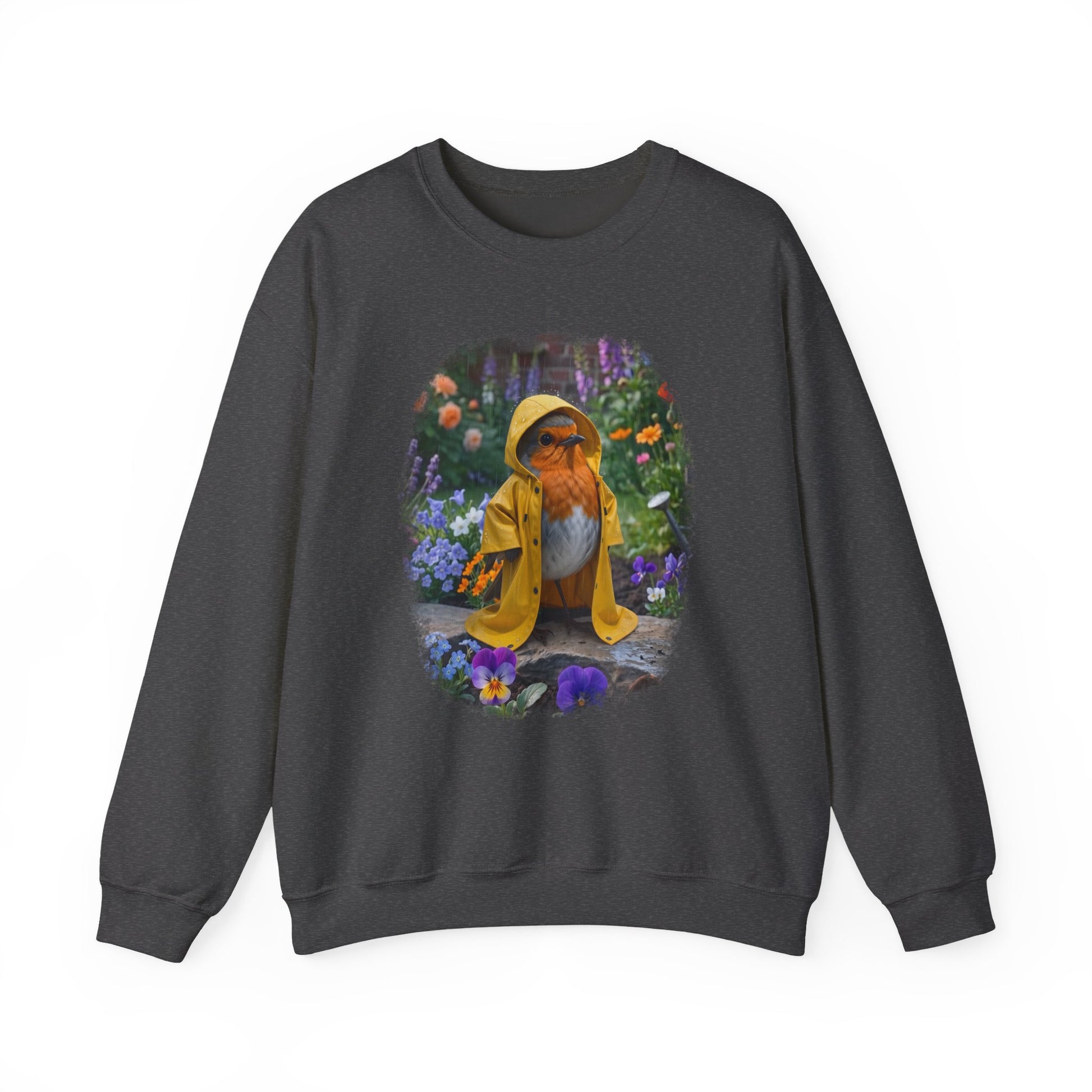 Soft unisex crewneck sweatshirt featuring a colorful front print. The digital illustration shows the cute bird Robin Rosi wearing a bright yellow raincoat in a garden. A great gift for a birdwatcher or bird lover.