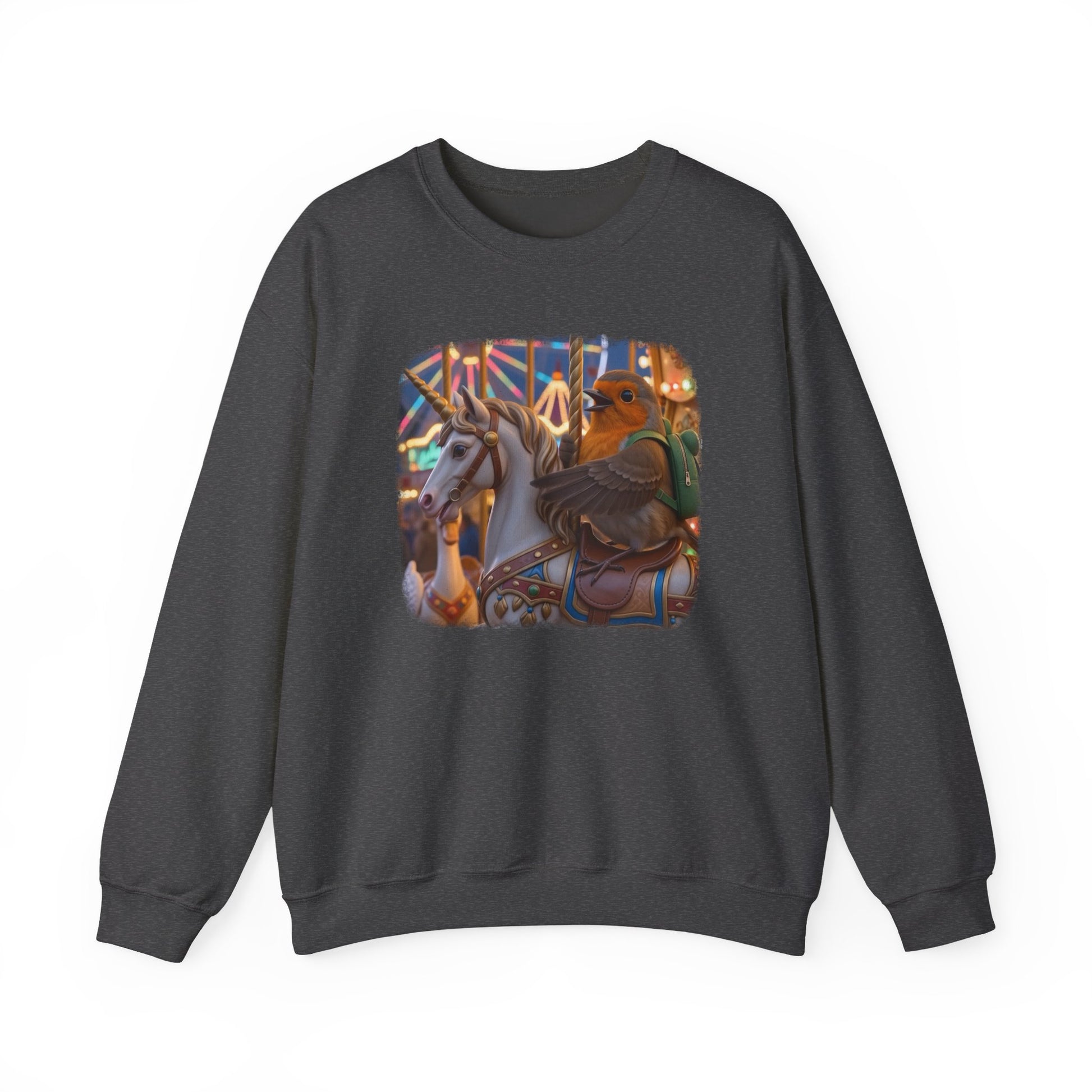 Soft unisex crewneck sweatshirt featuring a large front print. The digital illustration shows the cute bird Robin Rosi smiling and riding a magical unicorn on a carnival carousel. A wonderful gift for a birdwatcher or bird lover.