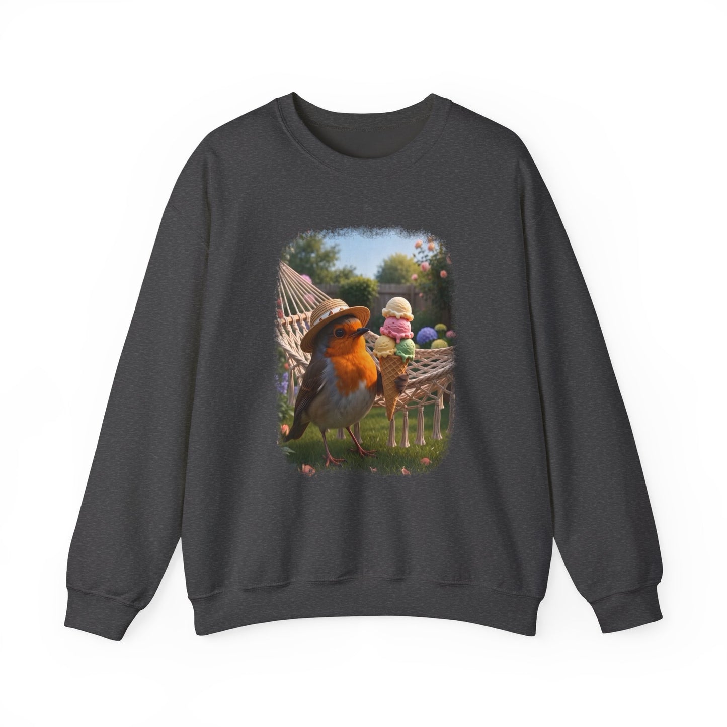 Soft unisex crewneck sweatshirt featuring a large front print. The digital illustration shows the cute bird Robin Rosi wearing a sun hat in a summer garden, holding a giant ice cream cone. A perfect gift for a birdwatcher or bird lover.