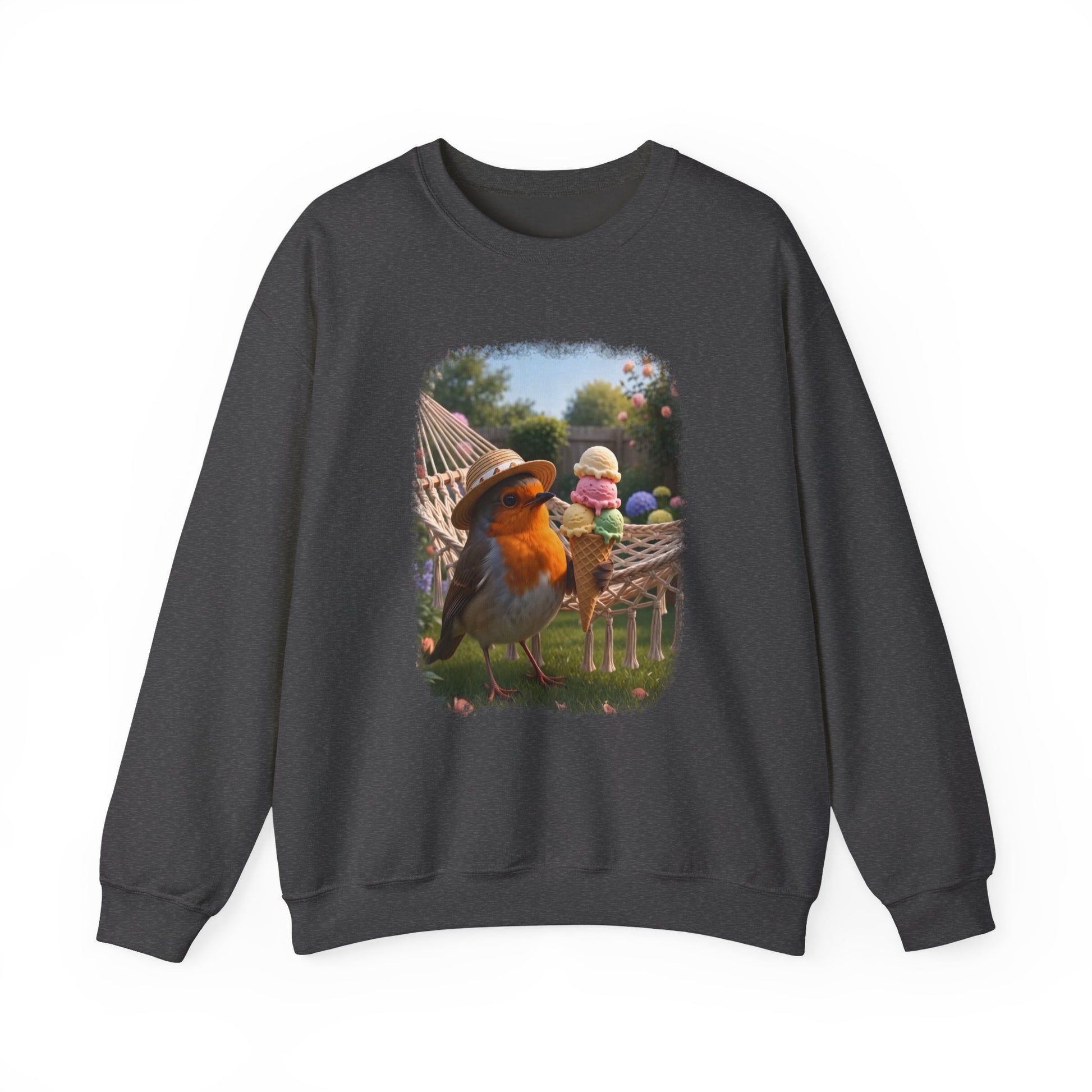 Soft unisex crewneck sweatshirt featuring a large front print. The digital illustration shows the cute bird Robin Rosi wearing a sun hat in a summer garden, holding a giant ice cream cone. A perfect gift for a birdwatcher or bird lover.