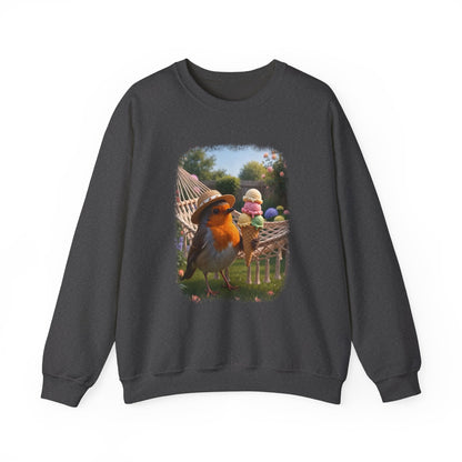 Soft unisex crewneck sweatshirt featuring a large front print. The digital illustration shows the cute bird Robin Rosi wearing a sun hat in a summer garden, holding a giant ice cream cone. A perfect gift for a birdwatcher or bird lover.