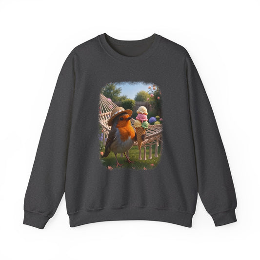 Soft unisex crewneck sweatshirt featuring a large front print. The digital illustration shows the cute bird Robin Rosi wearing a sun hat in a summer garden, holding a giant ice cream cone. A perfect gift for a birdwatcher or bird lover.