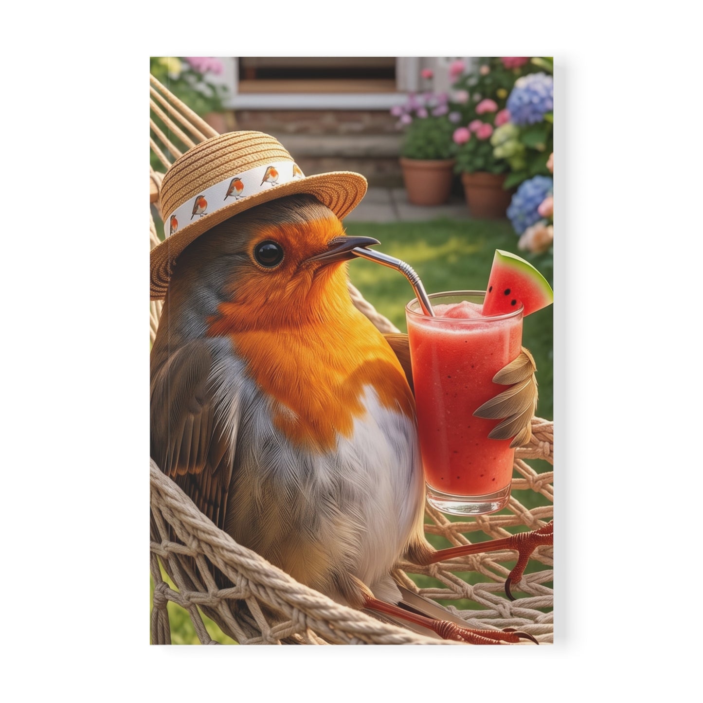 Softcover Notizbuch in A5. Digitale Illustration eines Rotkehlchens namens Rosi, das mit einem Sonnenhut im Garten in einer Hängematte liegt und mit seinen Flügelfedern einen Wassermelonen-Smoothie hält.