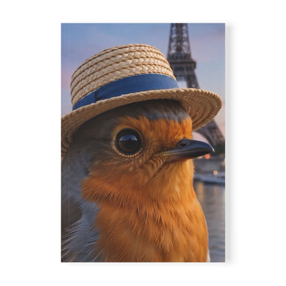 Softcover Notizbuch in A5. Illustration eines Rotkehlchens namens Rosi mit Sonnenhut, im Hintergrund der Eiffelturm in Paris.