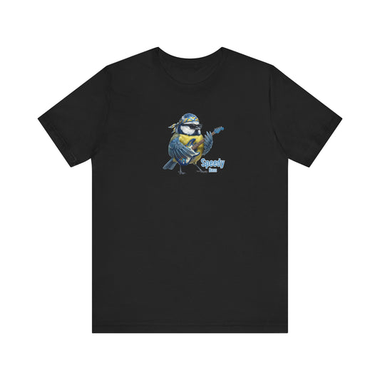 Black t-shirt with a bird graphic holding a blue guitar and text on a white background